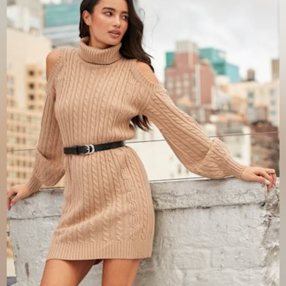 LuLu's, Sz Xs, Wonders of Winter Taupe Cable Knit Cold-Shoulder Sweater Dress